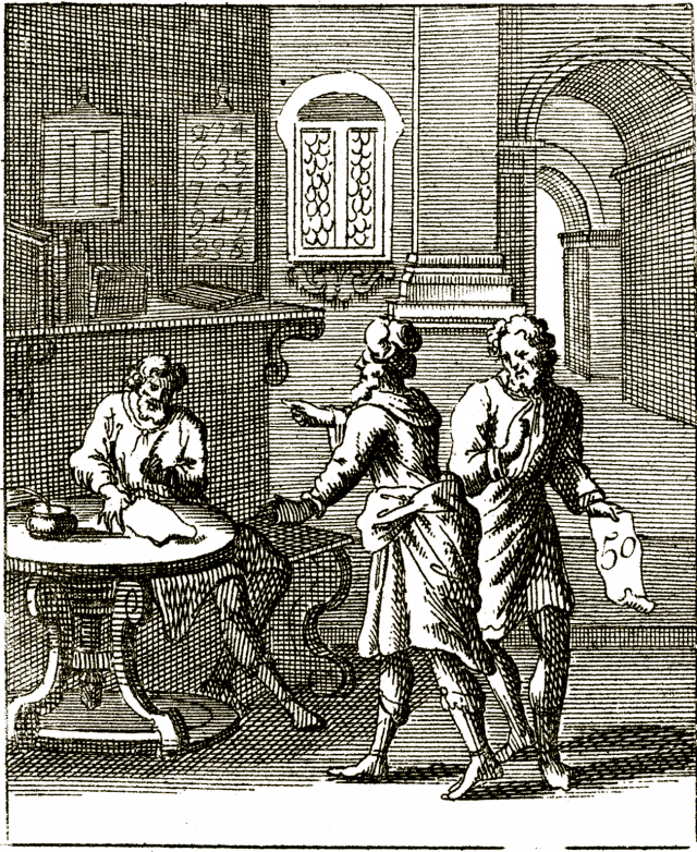 Parabole de l'économe infidèle - gravure de John Sturt (1658–1730).
